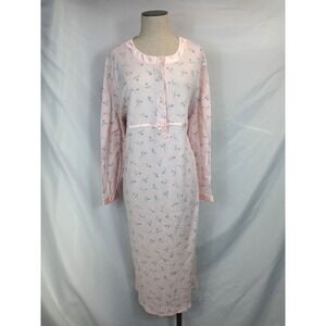 Delicates Womens Large Pink Floral Ribbed Knit Nightgown Sleep Dress Henley Cozy